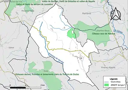 Carte de la ZNIEFF de type 1 sur la commune.