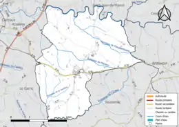 Carte en couleur présentant le réseau hydrographique de la commune