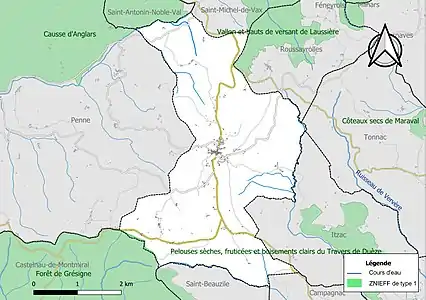 Carte des ZNIEFF de type 1 sur la commune.