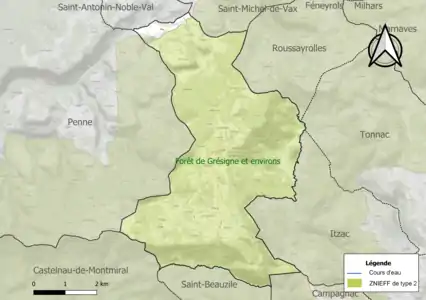 Carte de la ZNIEFF de type 2 sur la commune.