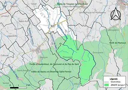 Carte des ZNIEFF de type 1 sur la commune.