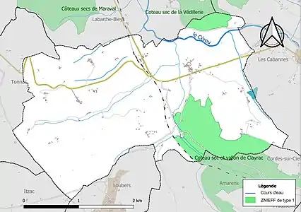 Carte des ZNIEFF de type 1 sur la commune.