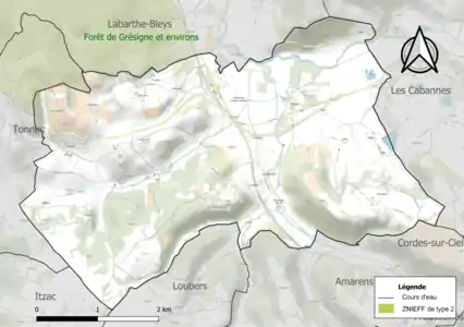 Carte de la ZNIEFF de type 2 sur la commune.