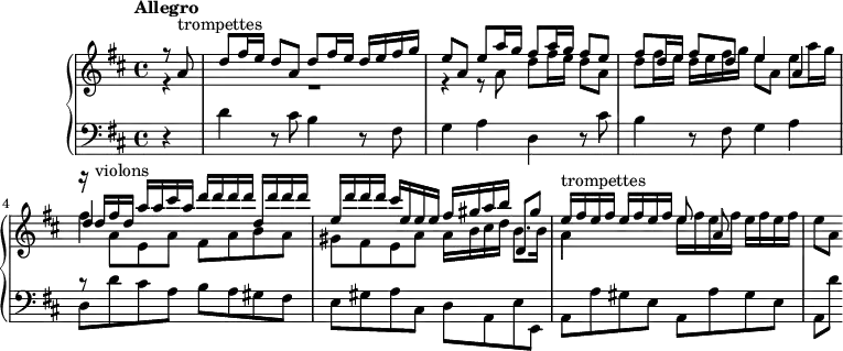 
\version "2.18.2"
\header {
  tagline = ##f
}
upper = \relative c'' {
  \clef treble
  \key d \major
  \time 4/4
  \tempo "Allegro"
  \tempo 4 = 92
  %\override TupletBracket.bracket-visibility = ##f
   %% Scarlatti — L'Eraclea, allegro de la sinfonia
   << { r8 a8^\markup{trompettes} | d8 fis16 e d8 a d fis16 e d e fis g | e8 a, e' a16 g fis8 a16 g fis8 e | fis8 d16 e fis8 d e4 a, }
   \\ { r4 R1 r4 r8 a8 | d8 fis16 e d8 a d fis16 e d e fis g | e8 a, e' a16 g } >>
   %% Ms. 4
   <<  { r16 d16^\markup{violons} fis d  a' a cis a  d d d d  d, d' d d | e, d' d d  cis e, e e  fis gis a b d,,8 gis' } \\ { fis4 } \\ { d4 } >>
   %% Ms. 6
   << { s8*0^\markup{trompettes} \repeat unfold 4 { e16 fis } e8 a, } \\ { a4 s4 \repeat unfold 4 { e'16 fis } e8[ a,] } >>
}
lower = \relative c' {
  \clef bass
  \key d \major
  \time 4/4
   \partial 4 r4 | 
   d4 r8 cis8 b4 r8 fis8 | g4 a d, r8 cis'8 | b4 r8 fis8 g4 a |
   %% Ms. 4
   << { r8 \stemDown \change Staff = "upper" a'8 e a fis a b a | gis fis e a a16 b cis d b8. b16 | a4 } \\ { d,,8 d' cis a b a gis fis | e gis a cis, d a e' e, | \repeat unfold 2 { a a' gis e } a,8[ d'] } >>
}
\score {
  \new PianoStaff <<
    \new Staff = "upper" \upper
    \new Staff = "lower" \lower
  >>
  \layout {
    #(layout-set-staff-size 17)
    \context {
      \Score
       \override SpacingSpanner.common-shortest-duration = #(ly:make-moment 1/2)
    }
  }
  \midi { }
}
