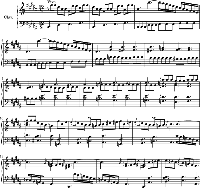 
\version "2.18.2"
\header {
  tagline = ##f
  % composer = "Domenico Scarlatti"
  % opus = "K. 262"
  % meter = "Vivo"
}
%% les petites notes
trillBq      = { \tag #'print { b8\prall } \tag #'midi { cis32 b cis b } }
upper = \relative c'' {
  \clef treble 
  \key b \major
  \time 12/8
  \tempo 4. = 92
  \set Staff.midiInstrument = #"harpsichord"
  \override TupletBracket.bracket-visibility = ##f
      s8*0^\markup{Vivo}
      r8 fis8 fis dis b b gis e' e cis fis fis | dis b b fis b b gis e' e ais, fis' fis | 
      % ms. 3
      b,4. \repeat unfold 2 { b'4.~ b16 ais gis fis e dis cis b ais gis fis e | dis4. }
      % ms. 5 suite
      \repeat unfold 2 { < fis b >4. < eis b' > } \repeat unfold 2 { < fis a > < fis gis > }  \repeat unfold 2 { << { b4. cis } \\ { g8 g g fis fis fis } >> }
      % ms. 8 suite
      \repeat unfold 2 { << { dis'4. e } \\ { c8 c c b b b } >> } | \repeat unfold 2 { << { a'8 a a gis gis gis } \\ { < a, d >4. < b d > } >> } << {} \\ { d8 cis b a4. } >> fis'8 cis e |
      % ms. 11
      \appoggiatura e16 d8 cis b \trillBq a8 b cis dis eis fis cis e \appoggiatura e16 d8 cis b \trillBq a8 b \acciaccatura b8 cis4. \repeat unfold 2 { cis4.~ | 
      % ms. 13
      cis4. << { \acciaccatura b8 a8 gis a \acciaccatura < fis a >8 < eis gis >4. } \\ { fis4. } >> } cis'8 d e |
      % ms. 15
      e8 d cis \acciaccatura cis8 b8 a gis fis4. 
}
lower = \relative c' {
  \clef bass
  \key b \major
  \time 12/8
  \set Staff.midiInstrument = #"harpsichord"
  \override TupletBracket.bracket-visibility = ##f
    % ************************************** \appoggiatura a16  \repeat unfold 2 {  } \times 2/3 { }   \omit TupletNumber 
      \repeat unfold 2 { b,4. dis e fis  } |
      % ms. 3
      \repeat unfold 2 { b,8 b b dis dis dis e e e fis fis fis }
      % ms. 5
      \repeat unfold 3 { b8 } \repeat unfold 3 { d8 } \repeat unfold 3 { cis8 } \repeat unfold 3 { d8 } | \repeat unfold 6 { cis8 } \repeat unfold 3 { bis8 } \repeat unfold 3 { cis8 } | \repeat unfold 3 { bis8 } < b e >4. < ais e' > < b e >
      % ms. 8
      < ais e' >4. < a e' > < gis e' > < a e' > | < g e' > \repeat unfold 2 { < f d' > < e d' > } < eis b' cis > < fis cis' > < a, fis' >
      % ms. 11
      < b fis' >4. < d b' > < cis cis' > < a fis' > | < b fis' > < d b' > cis4. \repeat unfold 2 { cis'16 b a gis fis e | 
      % ms. 13
      d16 cis b a gis8 fis4. cis } < a' fis' >4. 
      % ms. 15
      < b fis' gis >4. < cis gis' > < fis, fis' >
}
thePianoStaff = \new PianoStaff <<
    \set PianoStaff.instrumentName = #"Clav."
    \new Staff = "upper" \upper
    \new Staff = "lower" \lower
  >>
\score {
  \keepWithTag #'print \thePianoStaff
  \layout {
      #(layout-set-staff-size 17)
    \context {
      \Score
     \override SpacingSpanner.common-shortest-duration = #(ly:make-moment 1/2)
      \remove "Metronome_mark_engraver"
    }
  }
}
\score {
  \keepWithTag #'midi \thePianoStaff
  \midi { }
}
