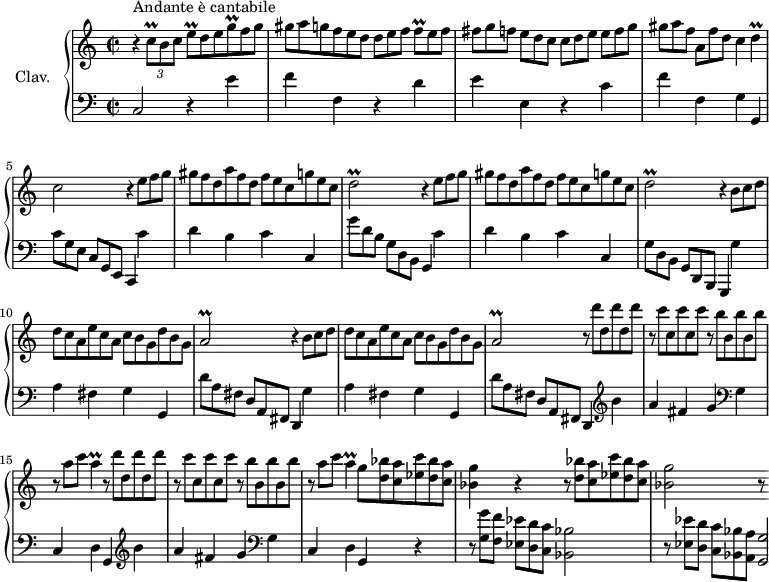 
\version "2.18.2"
\header {
  tagline = ##f
  % composer = "Domenico Scarlatti"
  % opus = "K. 485"
  % meter = "Andante è cantabile"
}
%% les petites notes
trillCq      = { \tag #'print { c8\prall } \tag #'midi { d32 c d c } }
trillEq      = { \tag #'print { e8\prall } \tag #'midi { f32 e f e } }
trillFq      = { \tag #'print { f8\prall } \tag #'midi { g32 f g f } }
trillGq      = { \tag #'print { g8\prall } \tag #'midi { a32 g a g } }
trillD       = { \tag #'print { d4\prall } \tag #'midi { e32 d e d~ d8 } }
trillDb      = { \tag #'print { d2\prall } \tag #'midi { e32 d e d~ d4. } }
trillAb      = { \tag #'print { a2\prall } \tag #'midi { b32 a b a~ a4. } }
trillA       = { \tag #'print { a4\prall } \tag #'midi { b32 a b a~ a8 } }
upper = \relative c'' {
  \clef treble 
  \key c \major
  \time 2/2
  \tempo 4 = 86
      s8*0^\markup{Andante è cantabile}
      r4 \times 2/3 { \trillCq b8 c } \omit TupletNumber \times 2/3 { \trillEq d8 e \trillGq f8 g } |
      \times 2/3 {  gis8 a g f e d d[ e f] \trillFq e8 f } |
      \times 2/3 { fis8 g f e[ d c] c d e e[f g] }
      % ms. 4
      \times 2/3 { gis8 a f a,[ f' d] } c4 \trillD | c2 \repeat unfold 2 { r4 \times 2/3 { e8 f g } |
      \times 2/3 { gis8 f d a' f d f e c g' e c }
      % ms. 7
      \trillDb }%repet
      \repeat unfold 2 { r4 \times 2/3 { b8 c d }
      % ms. 10
      \times 2/3 { d8 c a e' c a c b g d' b g }
      % ms. 13
      \trillAb }%repet
      \repeat unfold 2 { \times 2/3 { r8 \repeat unfold 2 { d'8 d, } d' } |
      \times 2/3 { r8 \repeat unfold 2 { c8 c, } c' } |
      \times 2/3 { r8 \repeat unfold 2 { b8 b, } b' } |
      \times 2/3 { r8 a c } \trillA  } |
      % ms. 17 suite…
      \times 2/3 { g8 < d bes' > < c a' > < ees c' > < d bes' > < c a' > } |
      < bes g' >4 r4  \times 2/3 { r8 < d bes' > < c a' > < ees c' > < d bes' > < c a' > } |
      % ms. 19
       < bes g' >2 r8
}
lower = \relative c' {
  \clef bass
  \key c \major
  \time 2/2
    % ************************************** \appoggiatura a16  \repeat unfold 2 {  } \times 2/3 { }   \omit TupletNumber 
      c,2 r4 e'4 | f f, r4 d' | e e, r4 c' |
      % ms. 4
      f4 f, g g, |  \omit TupletNumber  \times 2/3 { c'8[ g e] c g e }   \tempo 4 = 58 c4    \tempo 4 = 86 c'' | d b c c, |
      % ms. 7
      \times 2/3 { g''8[ d b] g d b } g4 c' | d b c c, | \times 2/3 { g'8[ d b] g d b } g4 g'' |
      % ms. 10
      a4 fis g g, | \times 2/3 { d''8[ a fis] d a fis } d4 g' | a fis g g, |
      % ms. 13
      \times 2/3 { d''8[ a fis] d a fis } d4  \repeat unfold 2 { \clef treble  b''' a fis g   \clef bass g, |
      % ms. 17
       c, d g, } r4 | \times 2/3 { r8 < g' g' >8 < f f' > < ees ees' >[ < d d' > < c c' >] } < bes bes' >2 |
      % ms. 19
      \times 2/3 { r8 < ees ees' >8 < d d' > < c c' >[ < bes bes' > < a a' >] } < g g' >2*1/4 |
}
thePianoStaff = \new PianoStaff <<
    \set PianoStaff.instrumentName = #"Clav."
    \new Staff = "upper" \upper
    \new Staff = "lower" \lower
  >>
\score {
  \keepWithTag #'print \thePianoStaff
  \layout {
      #(layout-set-staff-size 17)
    \context {
      \Score
     \override TupletBracket.bracket-visibility = ##f
     \override SpacingSpanner.common-shortest-duration = #(ly:make-moment 1/2)
      \remove "Metronome_mark_engraver"
    }
  }
}
\score {
  \keepWithTag #'midi \thePianoStaff
  \midi { \set Staff.midiInstrument = #"harpsichord" }
}
