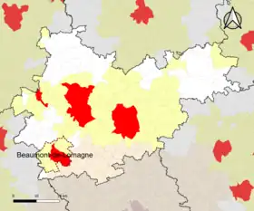 Localisation de l'aire d'attraction de Beaumont-de-Lomagne dans le département de Tarn-et-Garonne.