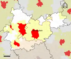 Localisation de l'aire d'attraction de Montauban dans le département de Tarn-et-Garonne.