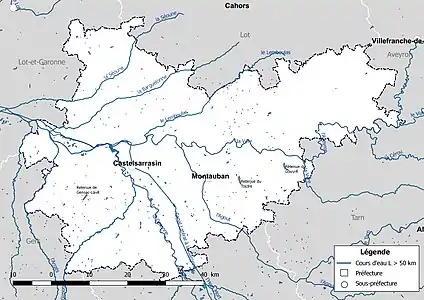 Carte des cours d'eau de longueur supérieure à 50 km de Tarn-et-Garonne.