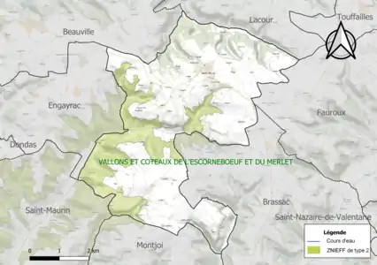 Carte de la ZNIEFF de type 2 sur la commune.