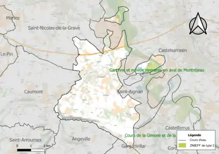 Carte de la ZNIEFF de type 2 sur la commune.