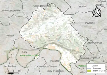 Carte des ZNIEFF de type 2 sur la commune.