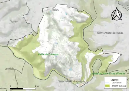 Carte des ZNIEFF de type 2 sur la commune.