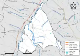 Carte en couleur présentant le réseau hydrographique de la commune