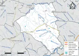 Carte en couleur présentant le réseau hydrographique de la commune