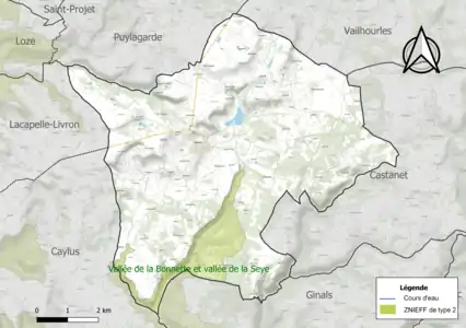 Carte de la ZNIEFF de type 2 sur la commune.