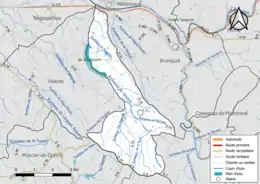 Carte en couleur présentant le réseau hydrographique de la commune