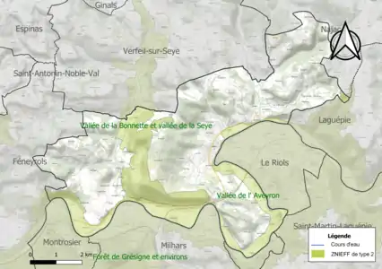 Carte des ZNIEFF de type 2 sur la commune.