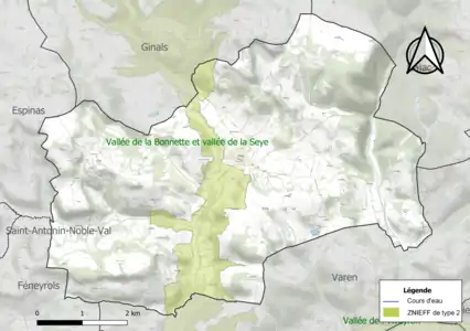 Carte de la ZNIEFF de type 2 sur la commune.