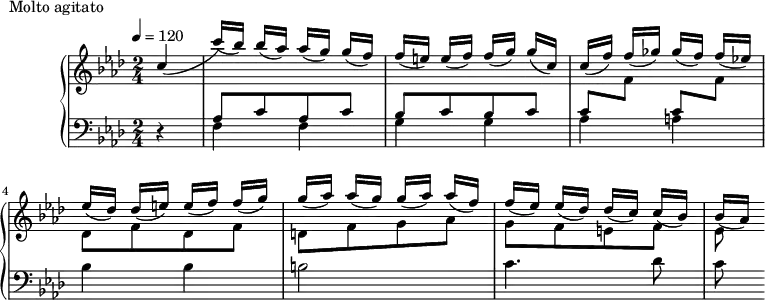 
\version "2.18.2"
\header {
  tagline = ##f
}
upper = \relative c'' {
  \clef treble 
  \key f \minor
  \time 2/4
  \tempo 4 = 120
  %\autoBeamOff
   %%Montgeroult — Étude 55 (pdf p. 174)
   \partial 4
   << { c4_( c'16[)_( bes]) bes[_( aes]) aes[_( g]) g[_( f]) } \\ { s4  \stemUp \change Staff = "lower" aes,,8[ c  aes c]  } >>
   << { f'16[_( e!]) e[_( f]) f[_( g]) g[_( c,]) } \\ { \stemUp \change Staff = "lower" bes,8[ c bes c] } >>
   << { c'16[_( f]) f[_( ges]) ges[_( f]) f[_( ees!])  } \\ { \repeat unfold 2 { \stemUp \change Staff = "lower" c,8 \stemDown \change Staff = "upper" f } } >>
   << { ees'16[_( des]) des[_( e!]) e[_( f]) f[_( g]) g[_( aes]) aes[_( g]) g[_( aes]) aes[_( f]) } \\ { des,8[ f des f] d![ f g aes] } >>
   << { f'16[_( ees]) ees[_( des]) des[_( c]) c[_( bes]) bes[_( aes]) } \\ { g8[ f e! f] ees } >>
}
lower = \relative c {
  \clef bass
  \key f \minor
  \time 2/4
   r4 f4 f g g aes a! bes bes b!2 c4.  des8 c8
}
  \header {
    piece = "Molto agitato"
  }
\score {
  \new PianoStaff <<
    \new Staff = "upper" \upper
    \new Staff = "lower" \lower
  >>
  \layout {
    \context {
      \Score
    }
  }
  \midi { }
}
