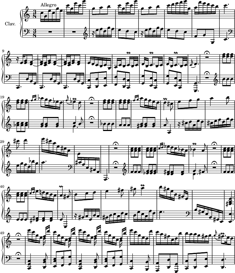 
\version "2.18.2"
\header {
  tagline = ##f
  % composer = "Domenico Scarlatti"
  % opus = "K. 357"
  % meter = "Allegro"
}
%% les petites notes
trillCqq     = { \tag #'print { c16\prall } \tag #'midi { \times 2/3 { c32 d c } } }
trillCqp     = { \tag #'print { c8.\prall } \tag #'midi { d32 c d c~ c16 } }
trillFisqp   = { \tag #'print { fis8.\prall } \tag #'midi { g32 fis g fis~ fis16 } }
trillA       = { \tag #'print { a4\prall } \tag #'midi { b32 a b a~ a8 } }
trillBes     = { \tag #'print { bes4\prall } \tag #'midi { c32 bes c bes~ bes8 } }
trillEes     = { \tag #'print { ees4\prall } \tag #'midi { f32 ees f ees~ ees8 } }
trillD       = { \tag #'print { d4\prall } \tag #'midi { e32 d e d~ d8 } }
upper = \relative c'' {
  \clef treble 
  \key c \major
  \time 3/8
  \tempo 4. = 66
  \set Staff.midiInstrument = #"harpsichord"
  \override TupletBracket.bracket-visibility = ##f
      s8*0^\markup{Allegro}
      c16 g e' c g' e | \repeat unfold 2 { c' g e' c   \tempo 4. = 60 g'8   \tempo 4. = 66 | g, a b } | c16 d e f g g, 
      % ms. 7
      a16 f' e d c b |   \tempo 4. = 60 c4.   \tempo 4. = 66 | r16 e,,16 \repeat unfold 2 { < e g >8 < d f >~ | q16 < c e > } < e g >8 < d f > | e16 d c b c g |
      % ms. 13
      a16[ c b8] \trillCqq b32 c | \repeat unfold 2 { d16[ b] \trillCqp b32 c } |   \tempo 4. = 56 \appoggiatura c16  d4.   \tempo 4. = 66 | R4.\fermata |
      < d' f >8 q q | q q q |
      % ms. 20
      \grace { f16 g } aes8 g16 f ees d | \appoggiatura f16 \trillEes d8 | R4.\fermata |
      < d f >8 q q | q q q | \grace {   \tempo 4. = 60 f16 g }   \tempo 4. = 66 a8 g16 f e d | \trillD   \tempo 4. = 30 cis8   \tempo 4. = 66 |
      % ms. 27
      e8 f g | a4 b8 | cis d4 | e16 cis a e cis a | s4. | s4. | R4.\fermata |
      % ms. 34
      < a c >8 q q | q q q | \grace {   \tempo 4. = 60 c16 d }   \tempo 4. = 66 ees8 d16 c bes a | \trillBes a8 | R4.\fermata |
      < a c >8 q q | q q q |
      % ms. 41
      \grace {   \tempo 4. = 60 c16 d }   \tempo 4. = 66 e8 d!16 c b a | \trillA gis8 | b8 c d | e4 fis8 | gis \trillA | b16 gis e b gis[ e] |
      % ms. 47
      s4. | < gis, b e >4. | R4.\fermata |
      \repeat unfold 2 { e'''16 c g e << { f16[ d'] } \\ { d,16 } >> | c'16 g e c << { d16[ b'] } \\ { b,16 } >> }
      % ms. 54
      e'16 c g e d d' | c a fis c d b' | b a a g fis g | \appoggiatura g16 \trillFisqp e16 d8 |
}
lower = \relative c' {
  \clef bass
  \key c \major
  \time 3/8
  \set Staff.midiInstrument = #"harpsichord"
  \override TupletBracket.bracket-visibility = ##f
    % ************************************** \appoggiatura a16  \repeat unfold 2 {  } \times 2/3 { }   \omit TupletNumber 
      R4.*2 |   \clef treble \repeat unfold 2 { r16 e'16 f d g f | e8 d c } | 
      % ms. 7
      f,8 g g, | c4.   \clef bass | \repeat unfold 3 { c,,8. d'16 b g } | < c, c' >8 < d d' > < e e' >
      % ms. 13
      < f f' >8 < d d' > < c c' > | \repeat unfold 2 { < g' g' >8 < e e' > < c c' > } | < g g' >4. | R4.\fermata \clef treble | b'''8 b b |  < aes c >8 q q |
      % ms. 20
      < g b >8 q q | << { c4 b8 } \\ { g4. } >> | R4.\fermata | bes8 bes bes | a a a | < gis b > q q | a8 a,4 |
      % ms. 27
      r16 cis'16 d a e' d | cis e f d g f | e g f d bes' g | a4.   \clef bass \stemDown \change Staff = "upper" | e,16 \stemNeutral \change Staff = "lower"  cis a e cis a | a,4. | R4.\fermata   \clef treble  |
      % ms. 34
      f'''8 f f | < ees g > q q | < d fis > q q | << { g4 fis8 } \\ { d4. } >> | R4.\fermata | f8 f f | e e e |
      % ms. 41
      < dis fis >8 q q | e8 e,4 | r16 gis'16 a e b' a | gis b c a d c | b e c a f' d | e4.   \clef bass |
      % ms. 47
      b,16 gis e b gis e | < e e' >4.  | R4.\fermata |
      \repeat unfold 2 { < c g' c >4 < d b' d >8 | < e c' e > < f f' > < g g' > }
      % ms. 54
      < c, c' >4 < b b' >8 | < a a' > < d d' > < g, g' > | < c c' > < d d' > < e e' > | < d d' >4.
}
thePianoStaff = \new PianoStaff <<
    \set PianoStaff.instrumentName = #"Clav."
    \new Staff = "upper" \upper
    \new Staff = "lower" \lower
  >>
\score {
  \keepWithTag #'print \thePianoStaff
  \layout {
      #(layout-set-staff-size 17)
    \context {
      \Score
     \override SpacingSpanner.common-shortest-duration = #(ly:make-moment 1/2)
      \remove "Metronome_mark_engraver"
    }
  }
}
\score {
  \keepWithTag #'midi \thePianoStaff
  \midi { }
}
