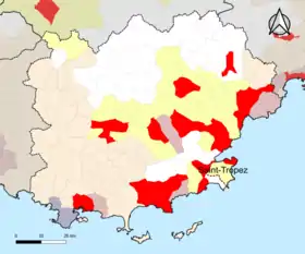 Localisation de l'aire d'attraction de Saint-Tropez dans le département du Var.