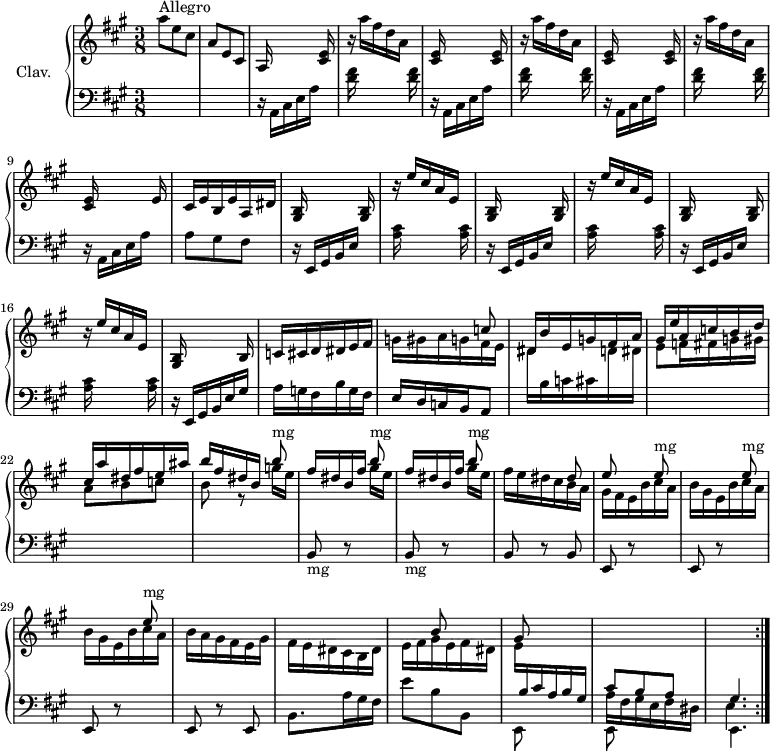 
\version "2.18.2"
\header {
  tagline = ##f
  % composer = "Domenico Scarlatti"
  % opus = "K. 65"
  % meter = "Allegro"
}
%% les petites notes
%trillBesp     = { \tag #'print { bes4.\prall } \tag #'midi { c32 bes c bes~ bes4 } }
upper = \relative c'' {
  \clef treble 
  \key a \major
  \time 3/8
  \tempo 4. = 76
  \set Staff.midiInstrument = #"harpsichord"
  \override TupletBracket.bracket-visibility = ##f
  \repeat volta 2 {
      s8*0^\markup{Allegro}
      a'8 e cis | a e cis | a16 s4 < cis e >16 | \repeat unfold 2 { r16 a''16 fis d a s16 | < cis, e >16 s4 q16 } | 
      % ms. 8
      r16 a''16 fis d a s16 | < cis, e >16 s4 e16 | cis e b e a, dis | \repeat unfold 3 { < gis, b >16 s4 q16 | r16 e''16 cis a e s16 } | < gis, b >16 s4 b16 | c cis d dis e fis |
      % ms. 19
      << { s4 c'8 } \\ { g16 gis a g fis e } >> | dis b' e, g fis a | \stemUp gis e' a, c b d | cis a' dis, fis e ais | b fis dis b \stemDown g'[ e] |
      % ms. 24
      \repeat unfold 2 { \stemUp fis16 dis b fis' \stemDown gis[ e] } | \stemNeutral << { s4 dis8 | e } \\ { fis16 e dis cis b a | gis fis e b' cis a } >> | \stemDown \repeat unfold 2 { b gis e b' cis a } |
      % ms. 30
      b16 a gis fis e gis | fis e dis cis b dis | << { s8 b'8 s8 | gis8 s4 | \stemUp \change Staff = "lower" cis,8 b a | gis4. } \\ { e'16 fis gis e fis dis | e \stemUp \change Staff = "lower" b cis a b gis \stemDown | a fis gis e fis dis| \shiftOn e4. } >> }%reprise
}
lower = \relative c' {
  \clef bass
  \key a \major
  \time 3/8
  \set Staff.midiInstrument = #"harpsichord"
  \override TupletBracket.bracket-visibility = ##f
  \repeat volta 2 {
    % ************************************** \appoggiatura a16  \repeat unfold 2 {  } \times 2/3 { }   \omit TupletNumber 
      s4. s4. | \repeat unfold 3 { r16 a,16 cis e a s16 | < d fis >16 s4 q16 } |  
      % ms. 9
      r16 a,16 cis e a s16 | a8 gis fis | \repeat unfold 3 { r16 e,16 gis b e s16 | < a cis >16 s4 q16 } 
      % ms. 17
      r16 e,16 gis b e gis a g fis b g fis |
      % ms. 29
      e16 d c b a8 | \stemDown \change Staff = "upper" dis'16 \change Staff = "lower" b c cis  \stemDown \change Staff = "upper"   d dis | e8 f16 fis g gis | a8 b c | b8 r8 \stemUp  b'8^\markup{mg} \repeat unfold 2 { \change Staff = "lower" b,,,8-\markup{mg} r8 \stemUp \change Staff = "upper"  b'''8^\markup{mg} } |
      % ms. 26
      \change Staff = "lower" b,,,8 r8 b8 | \repeat unfold 3 { \change Staff = "lower" e,8 r8 \stemUp \change Staff = "upper"  e'''8^\markup{mg} } |
      % ms. 30
      \change Staff = "lower" e,,,8 r8 e8 | \stemDown b'8. a'16 gis fis | e'8 b b, | e,8 s4 | e8 s4 | e4. }%reprise
}
thePianoStaff = \new PianoStaff <<
    \set PianoStaff.instrumentName = #"Clav."
    \new Staff = "upper" \upper
    \new Staff = "lower" \lower
  >>
\score {
  \keepWithTag #'print \thePianoStaff
  \layout {
      #(layout-set-staff-size 17)
    \context {
      \Score
     \override SpacingSpanner.common-shortest-duration = #(ly:make-moment 1/2)
      \remove "Metronome_mark_engraver"
    }
  }
}
\score {
  \unfoldRepeats
  \keepWithTag #'midi \thePianoStaff
  \midi { }
}
