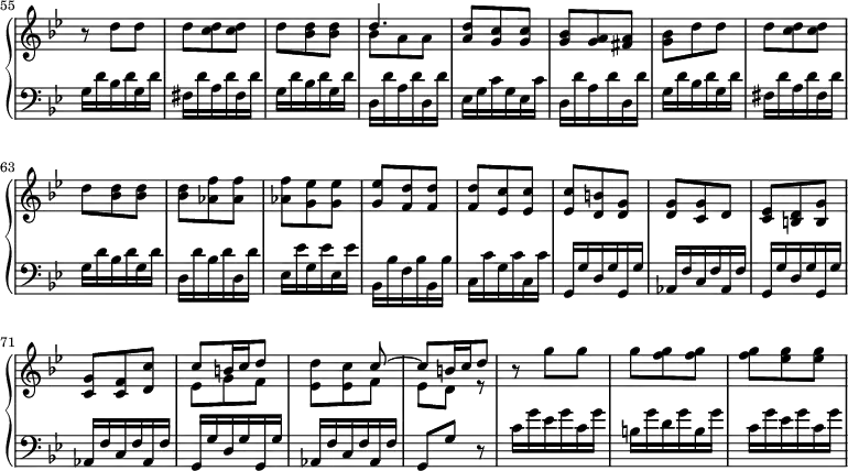 
\version "2.18.2"
\header {
  tagline = ##f
  % composer = "Domenico Scarlatti"
  % opus = "K. 461"
  % meter = "Allegro"
}
%% les petites notes
%trillBesp     = { \tag #'print { bes4.\prall } \tag #'midi { c32 bes c bes~ bes4 } }
upper = \relative c'' {
  \clef treble 
  \key bes \major
  \time 3/8
  \tempo 4. = 82
  \set Staff.midiInstrument = #"harpsichord"
  \override TupletBracket.bracket-visibility = ##f
  \set Score.currentBarNumber = #55
  \omit Staff.TimeSignature % cache la mesure
  \bar ":|."
      % s8*0^\markup{Allegro}
      r8 d8 d | d < c d > q | d < bes d > q | << { d4. } \\ { bes8 a a } >> | < a d >8 < g c > q |
      % ms. 60
      < g bes >8 < g a > \tempo 4. = 72 < fis a > | < g bes > \tempo 4. = 82 d'8 d | d < c d > q | d < bes d > q | q < aes f' >8 q |
      % ms. 65
      q < g ees' >8 q | q < f d' > q | q < ees c' > q | q < d b' > < d g > | q < c g' > d |
      % ms. 70
      < c ees >8 < b d > < b g' > | < c g' > < c f > < d c' > | << { c'8 b16 c d8 | s4 c8~ | c b16 c d8 } \\ { ees,8 g f | < ees d' >8 < ees c' > f8 |   \tempo 4. = 60 ees d \tempo 4. = 72 r8 } >> | r8 \tempo 4. = 82 g'8 g |
      % ms. 76
      g8 < f g > q | q < ees g > q |
}
lower = \relative c' {
  \clef bass
  \key bes \major
  \time 3/8
  \set Staff.midiInstrument = #"harpsichord"
  \override TupletBracket.bracket-visibility = ##f
  \omit Staff.TimeSignature
    % ************************************** \appoggiatura a16  \repeat unfold 2 {  } \times 2/3 { }   \omit TupletNumber 
      g16 d' bes d g, d' | fis, d' a d fis, d' | g,16 d' bes d g, d' | d, d' a d d, d' | ees, g c g ees c' |
      % ms. 60
      d,16 d' a d d, d' | g,16 d' bes d g, d' | fis, d' a d fis, d' | g,16 d' bes d g, d' | d, d' bes d d, d' |
      % ms. 65
      ees,16 ees' g, ees' ees, ees' | bes, bes' f bes bes, bes' | c, c' g c c, c' | \repeat unfold 3 { g, g' d g g, g' | aes, f' c f aes, f' } |
      % ms. 74
      g,8 g' r8 | c16 g' ees g c, g' |
      % ms. 76
      b,16 g' d g b, g' | c,16 g' ees g c, g' |
}
thePianoStaff = \new PianoStaff <<
    \set PianoStaff.instrumentName = #""
    \new Staff = "upper" \upper
    \new Staff = "lower" \lower
  >>
\score {
  \keepWithTag #'print \thePianoStaff
  \layout {
    indent = #0
      #(layout-set-staff-size 17)
    \context {
      \Score
     \override SpacingSpanner.common-shortest-duration = #(ly:make-moment 1/2)
      \remove "Metronome_mark_engraver"
    }
  }
}
\score {
  \keepWithTag #'midi \thePianoStaff
  \midi { }
}
