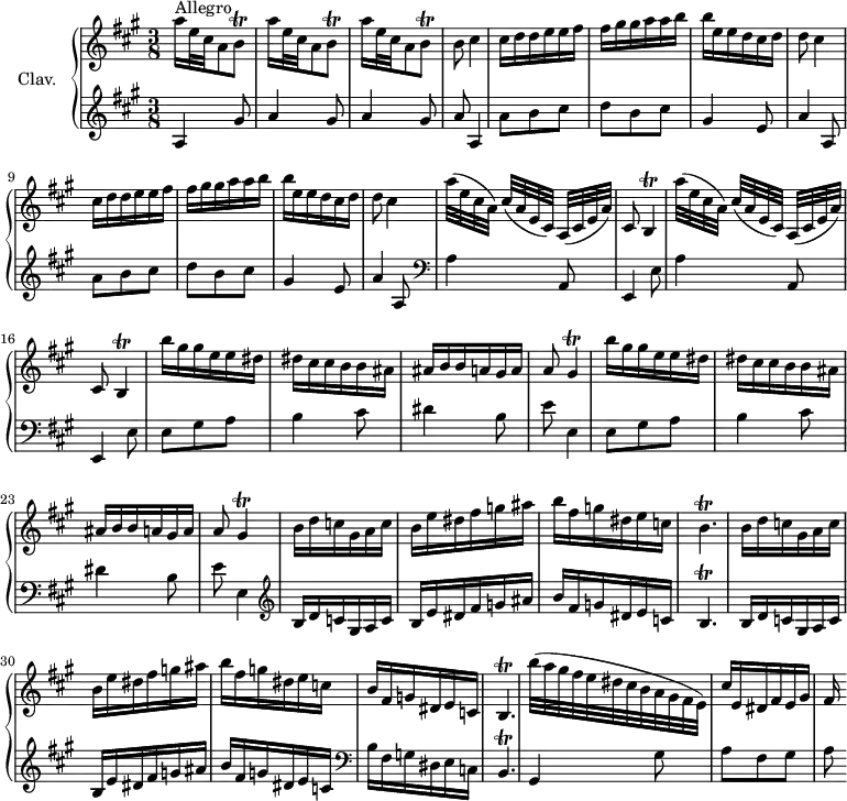 
\version "2.18.2"
\header {
  tagline = ##f
  % composer = "Domenico Scarlatti"
  % opus = "K. 101"
  % meter = "Allegro"
}
%% les petites notes
trillBq     = { \tag #'print { b8\trill } \tag #'midi { cis32 b cis b } }
trillB      = { \tag #'print { b4\trill } \tag #'midi { cis32 b cis b~ b8 } }
trillGis    = { \tag #'print { gis4\trill } \tag #'midi { a32 gis a gis~ gis8 } }
trillBp      = { \tag #'print { b4.\trill } \tag #'midi { c32 b c b~ b4 } }
upper = \relative c'' {
  \clef treble 
  \key a \major
  \time 3/8
  \tempo 4. = 56
  \set Staff.midiInstrument = #"harpsichord"
  \override TupletBracket.bracket-visibility = ##f
      s8*0^\markup{Allegro}
      \repeat unfold 3 { a'16 e32 cis a8 \trillBq } b8 cis4 | \repeat unfold 2 { cis16 d d e e fis  fis gis gis a a b |
      % ms. 7
      b16 e, e d cis d | d8 cis4 } |
      % ms. 13
      \repeat unfold 2 { a'32[( e cis a)] cis( a e cis) a([ cis e a]) | cis,8 \trillB } \repeat unfold 2 { b''16 gis gis e e dis | dis cis cis b b ais |
      % ms. 17
      ais16 b b a gis a | a8 \trillGis }
      % ms. 25
      b16 d c gis a c | b e dis fis g ais b | fis g dis e c | \trillBp | b16 d c gis a c | b e dis fis g ais | 
      % ms. 31
      b16 fis g dis e c | b16 fis g dis e c | \trillBp | b''32( a gis fis e dis cis b a gis fis e) | cis'16 e, dis fis e gis | fis
}
lower = \relative c' {
  \clef bass
  \key a \major
  \time 3/8
  \set Staff.midiInstrument = #"harpsichord"
  \override TupletBracket.bracket-visibility = ##f
    % ************************************** \appoggiatura \repeat unfold 2 {  } \times 2/3 { }
        \clef treble  a4 gis'8 | \repeat unfold 2 { a4 gis8 } | a8 a,4 | \repeat unfold 2 { a'8 b cis | d b cis |
      % ms. 7
       gis4 e8 a4 a,8 }  | \clef bass
      % ms. 13
      \repeat unfold 2 { a4 a,8 | e4  e'8 } | \repeat unfold 2 { e8 gis a | b4 cis8 |
      % ms. 19
      dis4 b8 | e8 e,4 } |  \clef treble 
      % ms. 25 unisson :
      b'16 d c gis a c | b e dis fis g ais b | fis g dis e c | \trillBp | b16 d c gis a c | b e dis fis g ais | 
      % ms. 31
      b16 fis g dis e c |   \clef bass b16 fis g dis e c | \trillBp | gis4 gis'8 | a8 fis gis | a 
}
thePianoStaff = \new PianoStaff <<
    \set PianoStaff.instrumentName = #"Clav."
    \new Staff = "upper" \upper
    \new Staff = "lower" \lower
  >>
\score {
  \keepWithTag #'print \thePianoStaff
  \layout {
      #(layout-set-staff-size 17)
    \context {
      \Score
     \override SpacingSpanner.common-shortest-duration = #(ly:make-moment 1/2)
      \remove "Metronome_mark_engraver"
    }
  }
}
\score {
  \keepWithTag #'midi \thePianoStaff
  \midi { }
}
