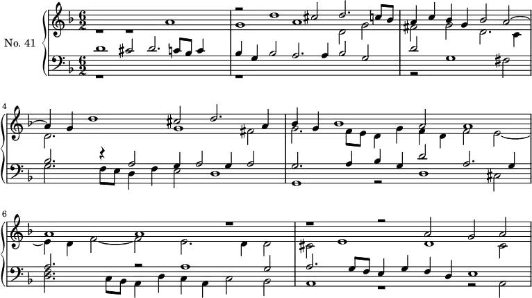 
\version "2.14.2"
\header {
  tagline = ##f
}
upper = \relative c' {
  \clef treble 
  \key f \major
  \time 6/2
  \tempo 2 = 68
  \autoBeamOff
    << {  } \\ { r1 r1 a'1 } >> 
    << { r2 d1 cis2 d2. c8 bes } \\ { g1 a d,2 g2 } >> 
  \once \override Staff.TimeSignature #'stencil = ##f
  \time 4/2
    << { a4 c bes g bes2 a2~ } \\ { fis2 g d2. c4 } >> 
  \once \override Staff.TimeSignature #'stencil = ##f
  \time 6/2
    << { a'4 g d'1 cis2 d2. a4 } \\ { d,2. s4 s2 g1 fis2 } >> 
    << { bes4 g bes1 a2 a1 } \\ { g2. f8e d4 g f d f2 e~ } >> 
    << { a1 a1 r1 } \\ { e4 d f2~ f2 e2. d4 d2 } >> 
    << { r1 r2 a'2 g a~ } \\ { cis,2 e1 d1 cis2 } >>
}
lower = \relative c {
  \clef bass
  \key f \major
  \time 6/2
    << { d'1 cis2 d2. c8 bes8 c4 } \\ { r1*3 } >> 
    << { bes4 g bes2 a2. a4 bes2 g } \\ { r1*3 } >> 
\once \override Staff.TimeSignature #'stencil = ##f
    << { d'2 } \\ { r2 g,1 fis2 } >> 
\once \override Staff.TimeSignature #'stencil = ##f
    << { bes2. r4 a2 g4 a2 g4 a2 } \\ { g2. f8 e d4 f e2 d1 } >> 
    << { g2. a4 bes g d'2 a2. g4 } \\ { g,1 r2 d'1 cis2 } >> 
    << { a'2.s4 r2 a1 g2 } \\ { << f2. d2. >> c8 bes8 a4 d c a c2 bes } >> 
    << { a'2. g8 f e4 g f d e1 } \\ { a,1 r1 r2 a2 } >>
}
\score {
  \new PianoStaff <<
    \set PianoStaff.instrumentName = #"No. 41"
    \new Staff = "upper" \upper
    \new Staff = "lower" \lower
  >>
  \layout {
    \context {
      \Score
      \remove "Metronome_mark_engraver"
    }
  }
  \midi { \set Staff.midiInstrument = #"church organ" }
}
