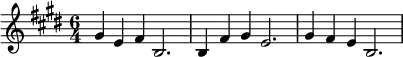  \relative c'' {\time 6/4  \key e \major gis4 e fis b,2. | b4 fis' gis e2. | gis4 fis e b2. |}