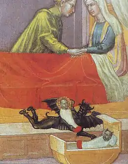 table drapée de rouge, homme à droite et femme à gauche, au niveau du sol, un diablotin a pris un bébé et en a déposé un autre dans le berceau.