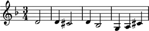 
\version "2.18.2"
\header {
  tagline = ##f
}
\score {
  \new Staff \with {
  }
<<
  \relative c' {
    \key d \minor
    \time 3/4
    \tempo 4 = 60
    \set Staff.midiInstrument = #"violin"
     %%% BWV 1004 — Chaconne
     \partial2 d2 d4 cis2 d4  bes2 g4 a cis
  }
>>
  \layout {
     \context { \Score \remove "Metronome_mark_engraver" }
  }
  \midi {}
}
