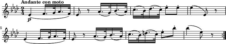 
\version "2.14.2"
 \relative c' {
         \clef "treble" 
         \tempo "Andante con moto"
         \key aes \major
         \time 2/4 
         \tempo 4 = 60
      ees4\p (f16. g32 aes16. f32)
      ees8 r8 aes16. (g32) bes16. (aes32)
      c16. (bes32) des16. (c32) ees8-. ees-.
      ees4 (ees,8) r8
      ees4 (f16. g32 aes16. f32)
      ees8 r8 aes16. (g32) bes16. (aes32)
      c16. (bes32) d16. (c32) ees8-. bes'-.
      bes4 (ees,8) r8 \bar ":|."
}
