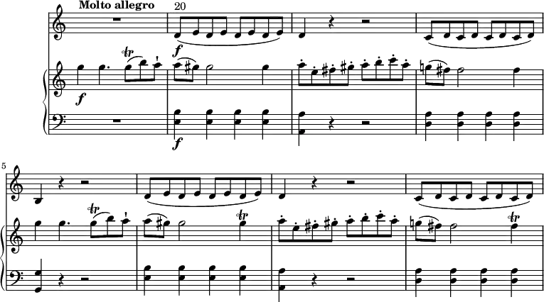 
\header {
  tagline = ##f
}
upper = \relative c'' {
               \key c \major
               \time 2/2
               \omit Staff.TimeSignature
               \tempo 4 = 170
               \set Staff.midiMinimumVolume = #0.2 \set Staff.midiMaximumVolume = #0.5
            g'4\f g4. g8\trill (b) a-!
            a (gis) gis2 gis4
            a8-. e-. fis-. gis-. a-.b-. c-. a-.
            g! (fis) fis2 fis4
            g4 g4. g8\trill (b) a-!
            a (gis) gis2 gis4\trill
            a8-. e-. fis-. gis-. a-.b-. c-. a-.
            g! (fis) fis2 fis4\trill
            }
lower =  \relative c {
                \clef bass 
                \key c \major
                \time 2/2
                \omit Staff.TimeSignature
          R1 <e b'>4\f <e b'> <e b'> <e b'>
          <a, a'> r r2
           <d a'>4 <d a'> <d a'> <d a'>
          <g, g'> r r2
          <e' b'>4 <e b'> <e b'> <e b'>
          <a, a'> r r2
           <d a'>4 <d a'> <d a'> <d a'>
             }
 vl = \relative c' {
              \key c \major
               \time 2/2
               \omit Staff.TimeSignature
    R1^ \markup \bold {{"Molto allegro"}}
    d8\f ^ \markup{ 20} (e d e d e d e) 
    d4 r r2
    c8 (d c d c d c d)
    b4 r r2
    d8 (e d e d e d e) 
    d4 r r2
    c8 (d c d c d c d)
                 }             
\score {
    \new GrandStaff <<
      \new PianoStaff <<  
        \new Staff = "upper" \upper
        \new Staff = "lower" \lower
       \set Staff.midiMinimumVolume = #0.2 \set Staff.midiMaximumVolume = #0.5
    >>
   \new Staff = "vl" \vl
    >>
    \layout {
    \context {
      \Score
      \remove "Metronome_mark_engraver"
    }
  }
  \midi { }
}
