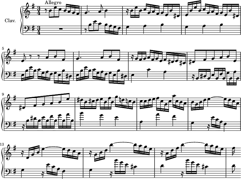 
\version "2.18.2"
\header {
  tagline = ##f
  % composer = "Domenico Scarlatti"
  % opus = "K. 198"
  % meter = "Allegro"
}
%% les petites notes
%trillBesp     = { \tag #'print { bes4.\prall } \tag #'midi { c32 bes c bes~ bes4 } }
upper = \relative c'' {
  \clef treble 
  \key e \minor
  \time 3/4
  \tempo 4 = 92
  \set Staff.midiInstrument = #"harpsichord"
  \override TupletBracket.bracket-visibility = ##f
      s8*0^\markup{Allegro}
      r8 b8 e c b16 a g fis | g4. a8 b4 | r16 b e b c g a fis g e b' dis, |
      % ms. 4
      e16 b' e b c g a fis g e b' dis, | e8 r8 r8 a8 b fis | g4. a8 b fis |
      % ms. 7
      r16 g16 fis g a fis g e fis dis e cis | dis8 fis g a b e, | dis fis g a b e |
      % ms. 10
      dis16 b cis dis e b fis' b, g' d c b | c c d e fis c g c a' c, b a | b g b d e4~ e16 d c a |
      % ms. 13
      r16 d,16 g b e4~ e16 d c a | r16 g16 b d b'4~ b16 a g e | r16 a,16 d fis b4~ b16 a g e | fis s16
      % ms. 17
}
lower = \relative c' {
  \clef bass
  \key e \minor
  \time 3/4
  \set Staff.midiInstrument = #"harpsichord"
  \override TupletBracket.bracket-visibility = ##f
    % ************************************** \appoggiatura a16  \repeat unfold 2 {  } \times 2/3 { }   \omit TupletNumber 
      R2. | r8 b8 e c b16 a g fis | \repeat unfold 2 { g4 a b } |
      % ms. 5
      \repeat unfold 2 { e,16 b' e b c g a fis g e b' dis, }
      % ms. 7
      e4 c' a | r16 b,16 dis b e b fis' b, g' b, a' b, | r16 b'16 dis b e b fis' b, g' b, a' b,
      % ms. 10
      b'4 g e | a, a' fis | \repeat unfold 2 { g, r16 e'16 c a fis4 } |
      % ms. 14
      g4 r16 b'16 g e cis4 | d r16 b'16 g e cis4 | d8
      % ms. 17
}
thePianoStaff = \new PianoStaff <<
    \set PianoStaff.instrumentName = #"Clav."
    \new Staff = "upper" \upper
    \new Staff = "lower" \lower
  >>
\score {
  \keepWithTag #'print \thePianoStaff
  \layout {
      #(layout-set-staff-size 17)
    \context {
      \Score
     \override SpacingSpanner.common-shortest-duration = #(ly:make-moment 1/2)
      \remove "Metronome_mark_engraver"
    }
  }
}
\score {
  \keepWithTag #'midi \thePianoStaff
  \midi { }
}
