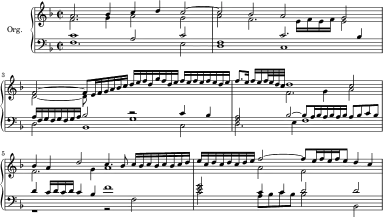 
\version "2.18.2"
\header {
  tagline=##f
}
%%%%%%%%%% KEYS %%%%%%%%%%%%%
global={ \time 2/1
           \set Staff.timeSignatureFraction=2/2
         }
Key={ \key f \major }
rhUpper=\relative c'' {
  \voiceOne
  \Key
  a2. bes4 c d c2~ c bes a g|f~ f8 e16 f g a bes c|d e f d g f d e f[ e f e f e d e]|f8.[ e16] f e f32 e d c d1 c2|bes4 a d2 c4. bes8 c16[ bes c bes c bes c d] e c d c d c d e f2~ f8 e16 f e f e8 d4 c
}
rhLower=\relative c' {
  \voiceTwo
  \Key
  f2. g4  a2 g a f2. e16 f e f e2|d2~ d8 s8 s4*7 f2. g4 a2 |f2. g4 a1 s2 a2 f
}
lhUpper=\relative c' {
  \voiceOne
  \Key
  c1 a2 c f,1 c'2. bes4 a16 f g f g f g a bes2 << { r2 c4 bes } \\ { g1 } >>|< f a >2 bes2~ bes8 a16 bes a bes a bes a8[ bes c bes]|d4 c16 d c d c4 bes f'1 < e g >2 c4 c  d2 d
}
lhLower=\relative c {
  \voiceTwo
  \Key
  f1. e2 d1 c|d2 bes1 c2 d2. e4 f1 r1 r2 f2 c'2 a8 bes c bes bes2 bes,~ 
}
PianoRH={
  \clef treble
  \global
  \set Staff.midiInstrument=#"trumpet"
  <<
    \new Voice="one" \rhUpper
    \new Voice="two" \rhLower
  >>
}
PianoLH={
  \clef bass
  \global
  \set Staff.midiInstrument=#"church organ"
  <<
    \new Voice="one" \lhUpper
    \new Voice="two" \lhLower
  >>
}
piano={
  <<
    \set PianoStaff.instrumentName=#"Org."
    \new Staff="upper" \PianoRH
    \new Staff="lower" \PianoLH
  >>
}
\score {
  \new PianoStaff <<
    \new PianoStaff="piano" \piano
  >>
  \layout {
    #(layout-set-staff-size 17)
    \override SpacingSpanner.common-shortest-duration=#(ly:make-moment 1/16)
    \context {
      \Score
      \remove "Metronome_mark_engraver"
    }
  }
  \midi { \tempo 2=66 }
}
