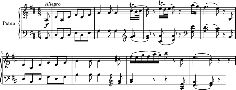 
\version "2.18.2"
\header {
  tagline = ##f
}
upper = \relative c' {
  \clef treble 
  \key d \major
  \time 6/8
  \tempo "Allegro" 4 = 145
    \partial 8 a8 \f ^\markup{ \italic { Allegro} } d a d fis d fis
    a4 a8 a4 cis16 \trill (b32 cis d8)
    r8 e16 \trill (d32 e fis8) r8 a16 (g)
    fis4. (e8) r b,
    e b e g e g
    b4 b8 b4 dis8
    fis16 (e g fis a g) b8 r cis,
    e4. (d8) r r
}
lower = \relative c {
  \clef bass
  \key d \major
  \time 6/8
   \partial 8 a8 d a d fis d fis
   a4 a8 a4 \clef treble <g' a>8 (<fis a>) r8
   <cis a'>8 (<d a'>) r8 \clef bass
   <g, e'>8 <a d>4. (<a cis>8) r8 b,
   e b e g e g
   b4 b8 b4 \clef treble <fis' a>8
   <g b>4 r8 r4 <a, e'>8 <d g>4. (<d fis>8) r8
} 
\score {
  \new PianoStaff <<
    \set PianoStaff.instrumentName = #"Piano"
    \new Staff = "upper" \upper
    \new Staff = "lower" \lower
  >>
  \layout {
    \context {
      \Score
      \remove "Metronome_mark_engraver"
    }
  }
  \midi { }
}
