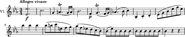 
<< \new Staff \with { instrumentName = #"V1 "}
    \relative c'' {
    \version "2.18.2"
    \key ees \major 
    \tempo "Allegro vivace"
    \time 3/4
    \tempo 4 = 160
  <ees, ees'>2.\f c' g4 a4. \trill (g16 a) bes2.
  f4 \p g4. \trill (f16 g)
  aes!4. (bes8 c4)
  bes,4-. c-. d-.
  ees8 (g bes ees g ees)
  bes'4 bes bes 
  bes8 (b c e, f g)
  aes (f ees! d c bes)
  bes (ees) \repeat unfold 10 {bes8}
  bes4 r r
}
>>
