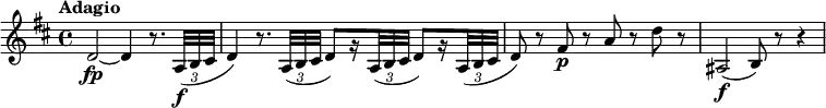 
\relative c' {
  \override Score.NonMusicalPaperColumn #'line-break-permission = ##f
  \version "2.18.2"
  \key d \major
  \tempo "Adagio"
  \tempo 4 = 45
  \override TupletBracket #'direction = #-1
  \override TupletBracket #'stencil = ##f
  d2~\fp d4 r8. \times 2/3 { a32\f( b cis } |
  d4) r8. \times 2/3 { a32( b cis } d8)[ r16 \times 2/3 { a32( b cis] } d8)[ r16
    \times 2/3 { a32( b cis] } |
  d8) r fis\p r a r d r |
  ais,2\f( b8) r r4
}
