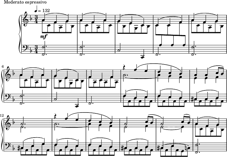 
\version "2.18.2"
\header {
  tagline = ##f
}
upper = \relative c'' {
  \clef treble 
  \key f \major
  \time 3/4
  \tempo 4 = 132
  %\autoBeamOff
   %%Montgeroult — Étude 21 (pdf p. 58)
   << { a4(\mf f g) a( f a) g( e c) } \\ { a'8 c, f a, g' bes, a' c, f a, a' c, g' bes, e g, c bes } >>
   << { c4(c f) } \\ { c8 \stemUp \change Staff = "lower" a \stemDown \change Staff = "upper" c \stemUp \change Staff = "lower" a \stemDown \change Staff = "upper" f' \stemUp \change Staff = "lower" a, } >> \change Staff = "upper"
   << { a'4( f g) a( f a) g( e c) } \\ { a'8 c, f a, g' bes, a' c, f a, a' c, g' bes, e g, c bes } >>
   << { f'4 c f } \\ { f8 a, c a f' a, } >>
   << { r4 f''4( e d c bes) a a( c8 bes) a2. } \\ { a2.~ a4 g f e e f e2. } >>
   << { r4 f'4( e d c bes) a2 c8( bes a2) c8( bes) } \\ { a2.~ a4 g f e2 f4 e2~ e4 } >>
   << { a4( f g) } \\ { a8 c, f a, g' bes, } >>
}
lower = \relative c {
  \clef bass
  \key f \major
  \time 3/4
   \repeat unfold 2 { < f f, >2. q c2 c,4 f2. }
   << { f'4( d e) f( e d) cis( cis d) cis( e g) f( d e) f( e d) cis( cis d) cis e  } \\ { f8 a, d a e' a, f' a, e' a, d a | cis a cis a d a cis a e' a, g' a, f' a, d a e' a, f' a, e' a, d a cis a cis a d a cis^( a e' a, g c) } >>
   < f f, >2.
}
  \header {
    piece = "Moderato espressivo"
  }
\score {
  \new PianoStaff <<
    \new Staff = "upper" \upper
    \new Staff = "lower" \lower
  >>
  \layout {
    \context {
      \Score
    }
  }
  \midi { }
}
