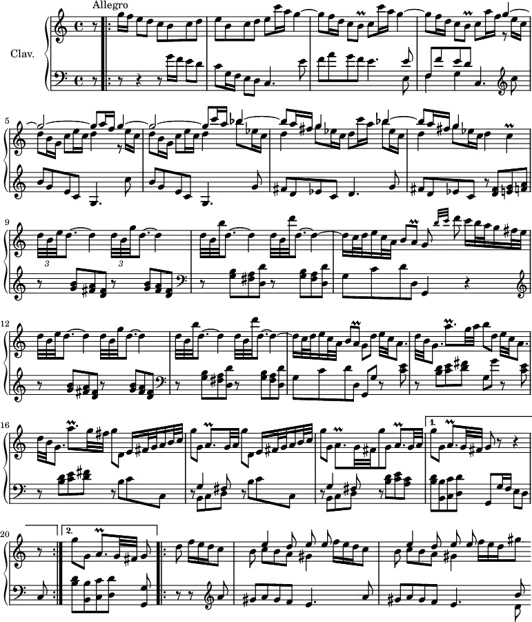 
\version "2.18.2"
\header {
  tagline = ##f
  % composer = "Domenico Scarlatti"
  % opus = "K. 156"
  % meter = "Allegro"
}
%% les petites notes
trillBq     = { \tag #'print { b8\prall } \tag #'midi { c32 b c b } }
trillC      = { \tag #'print { c4\prall } \tag #'midi { d32 c d c~ c8 } }
trillAq     = { \tag #'print { a8\prall } \tag #'midi { b32 a b a } }
trillAqpUp  = { \tag #'print { a'8.\prall } \tag #'midi { b32~ b a32 b a~ a32 } }
trillAqp    = { \tag #'print { a8.\prall[ } \tag #'midi { b32 a b a~ a16 } }
upper = \relative c'' {
  \clef treble 
  \key c \major
  \time 4/4
  \tempo 4 = 80
  \set Staff.midiInstrument = #"harpsichord"
  \override TupletBracket.bracket-visibility = ##f
      s8*0^\markup{Allegro}
      r8  \repeat volta 2 { g'16 f e8 d c b c d | e b c d e c'16 a g4~ |
      % ms. 3
      g8 f16 d c8 \trillBq c8 c'16 a g4~ | g8 f16 d c8  \trillBq c8 a'16 f 
      << { g4~ | g2~ g8 a16 f g4~ | g2~ g8 c16 a bes4~ | bes8 a16 fis g4 s4 bes4~ | bes8 a16 fis g4  } 
      \\ { \repeat unfold 2 { r8 e16 c | d8 b16 g c8 e16 c d4 } bes'8 ees,16 c | d4 g8 ees16 c d8 c'16 a bes8 ees,16 c | d4 g8 ees16 c } >> d4 \trillC
      % ms. 9
      \times 2/3 { d32 b e } d8.~ d4   \times 2/3 { d32 b g' } d8.~ d4 \omit TupletNumber | 
      \times 2/3 { d32 b b' } d,8.~ d4   \times 2/3 { d32 b d' } d,8.~ d4~ | d16 c32 d e16 c32 a b8 \trillAq g8 \grace {   \tempo 4 = 42 b'32 c }   \tempo 4 = 82 d8 c16 b32 a g16 fis32 e |
      % ms. 12
      \times 2/3 { d32 b e } d8.~ d4   \times 2/3 { d32 b g' } d8.~ d4 \omit TupletNumber | 
      \times 2/3 { d32 b b' } d,8.~ d4   \times 2/3 { d32 b d' } d,8.~ d4~ | d16 c32 d e16 c32 a b8 \trillAq g8[ d'] e32[ c a8.] 
      % ms. 15
      d32[ b g8.] \trillAqpUp g32 a b8[ d,] e32[ c a8.] | d32[ b g8.] \trillAqpUp g32 fis g8[ d,] e16 fis32 g a16 b32 c | g'8[ g,] \trillAqp g32 a] g'8[ d,] e16 fis32 g a16 b32 c |
      % ms. 18
      g'8[ g,] \trillAqp g32 fis g'8[ g,] \trillAqp g32 a]  }%repet
      \alternative {
       { g'8[ g,] \trillAqp g32 fis] g8 r8 r4 | r8 }
       { g'8[ g,] \trillAqp g32 fis] g8 }
      }
      % ms. 20
      \partial 4.
      d'8 \repeat unfold 2 {  \times 2/3 { f16[ e d } c8] | b8 << { e4 d8 e8 e  } \\ { c8 b a gis4 } >> } \times 2/3 { f'16[ e d } gis8] |  \bar ""
}
lower = \relative c' {
  \clef bass
  \key c \major
  \time 4/4
  \set Staff.midiInstrument = #"harpsichord"
  \override TupletBracket.bracket-visibility = ##f
    % ************************************** \appoggiatura a16  \repeat unfold 2 {  } \times 2/3 { }   \omit TupletNumber 
      r8   \repeat volta 2 { r8 r4 r8 g'16 f e8 d | c8 g16 f e8 d c4. e'8 |
      % ms. 3
      f8 a g f e4. << { e8 | f, f' e d } \\ { e,8 | f4 g } >> c,4.   \clef treble  c''8  | b g e c g4. c'8 |
      % ms. 6
      b8 g e c g4. g'8 | fis d ees c d4. g8 | fis d ees c  r8 < d fis >8 < e g > < f a >  |
      % ms. 9
      \repeat unfold 2 { r8 < g b >8 < fis a > < d fis >  }  \clef bass  | \repeat unfold 2 { r8 < g, b >8 < fis a > < d d' > } g8 c d d, g,4  r4 \clef treble |
      % ms. 12
      \repeat unfold 2 { r8 < g'' b >8 < fis a > < d fis >  } \clef bass  | \repeat unfold 2 { r8 < g, b >8 < fis a > < d d' > } g8 c d d, g, g' r8 < c e >8
      % ms. 15
      r8 < b d >8 < c e > < d fis > g, g' r8 < c, e >8 | r8  < b d >8 < c e > < d fis > r8 b c c, | r8 << { g'4 fis8 } \\ { b,8 c d } >> r8 b' c c, |
      % ms. 18
      r8 << { g'4 fis8 } \\ { b,8 c d } >> r8 < b' d >8 < c e > < a c > | }%repet
      \alternative {
       { < b d >8 < b, b' > < c c' > < d d' > g, g'16 f e8 d | c8 }
       { < b' d >8 < b, b' > < c c' > < d d' > < g, g' > }
      }
      \bar ".|:"
      r8 r8 \clef treble a''8 | gis a gis f e4. a8 | gis a gis f e4. << { b'8 } \\ { d,8 } >> \bar "" 
}
thePianoStaff = \new PianoStaff <<
    \set PianoStaff.instrumentName = #"Clav."
    \new Staff = "upper" \upper
    \new Staff = "lower" \lower
  >>
\score {
  \keepWithTag #'print \thePianoStaff
  \layout {
      #(layout-set-staff-size 17)
    \context {
      \Score
     \override SpacingSpanner.common-shortest-duration = #(ly:make-moment 1/2)
      \remove "Metronome_mark_engraver"
    }
  }
}
\score {
  \unfoldRepeats 
  \keepWithTag #'midi \thePianoStaff
  \midi { }
}
