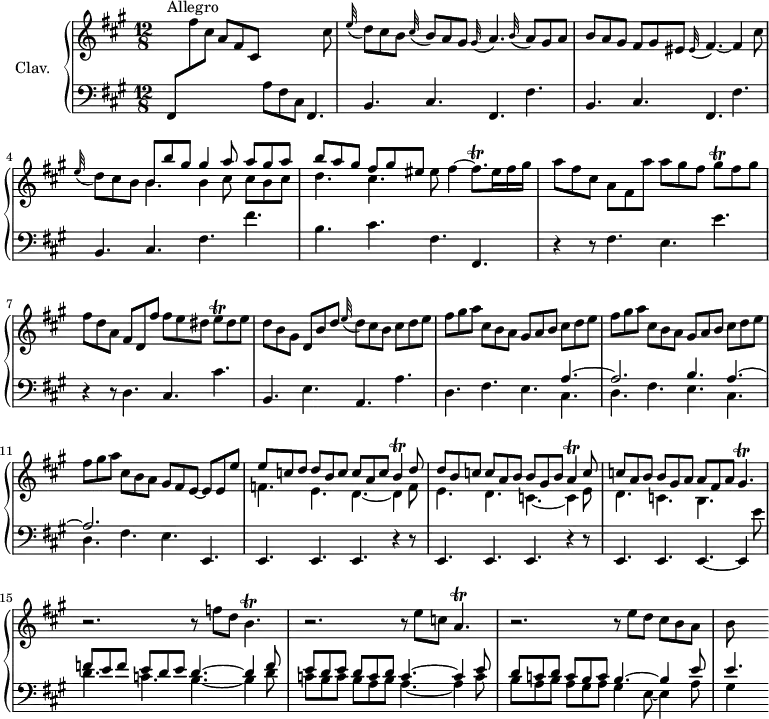 
\version "2.18.2"
\header {
  tagline = ##f
  % composer = "Domenico Scarlatti"
  % opus = "K. 142"
  % meter = "Allegro"
}
%% les petites notes
trillGisq     = { \tag #'print { gis8\trill } \tag #'midi { \times 2/3 { gis16 a gis } } }
trillFisqp    = { \tag #'print { fis8.\trill } \tag #'midi { \times 2/3 { fis16 gis fis~ } fis16 } }
trillEq       = { \tag #'print { e8\trill } \tag #'midi { \times 2/3 { e16 fis e } } }
trillB        = { \tag #'print { b4\trill } \tag #'midi { \times 2/3 { c16 b c } b8 } }
trillA        = { \tag #'print { a4\trill } \tag #'midi { \times 2/3 { b16 a b } a8 } }
trillGispUp   = { \tag #'print { gis'4.\trill } \tag #'midi { \times 2/3 { a16 gis a } gis4 } }
trillAp       = { \tag #'print { a4.\trill } \tag #'midi { \times 2/3 { b16 a b } a4 } }
trillBp       = { \tag #'print { b4.\trill } \tag #'midi { \times 2/3 { c16 b c } b4 } }
%
upper = \relative c'' {
  \clef treble 
  \key fis \minor
  \time 12/8
  \tempo 4. = 112
  \set Staff.midiInstrument = #"harpsichord"
  \override TupletBracket.bracket-visibility = ##f
      s8*0^\markup{Allegro}
      s4. a8 fis cis s4. s4 cis'8 | \appoggiatura e32 d8 cis b \appoggiatura cis32 b8 a gis \appoggiatura gis32 a4. \appoggiatura b32 a8 gis a |
      % ms. 3
      b8 a gis fis gis eis \appoggiatura eis32 fis4.~ fis4 cis'8 |\appoggiatura e32 d8 cis b << { b8 b' gis | gis4 a8 a gis a | b a gis fis gis eis } \\ { \mergeDifferentlyDottedOn  b4. b4 cis8 cis b cis | d4. cis } >> eis8 fis4~ \trillFisqp eis16 fis gis |
      % ms. 6
      a8 fis cis a fis a'  a gis fis \trillGisq fis8 gis | fis d a fis d fis' fis e dis \trillEq dis8 e | d b gis d b' d \appoggiatura e32 d8 cis b cis d e |
      % ms. 9
      \repeat unfold 2 { fis8 gis a cis, b a gis a b cis d e } | fis8 gis a cis, b a gis fis e~ e e e' | 
      % ms. 12
      << { e8 c d d b c c a c \trillB d8 | d b c c a b b gis b \trillA c8 | c a b b gis a a fis a } 
      \\ { f4. e d~ d4 f8 | e4. d c~ c4 e8 | d4. c b } >> \trillGispUp
      % ms. 15
      r2. r8 f'8 d \trillBp | r2. r8 e8 c \trillAp | r2. r8 e'8 d cis b a |
      % ms. 18
      b8 s4
      % ms. 21
}
lower = \relative c' {
  \clef bass
  \key fis \minor
  \time 12/8
  \set Staff.midiInstrument = #"harpsichord"
  \override TupletBracket.bracket-visibility = ##f
    % **************************************
      fis,,8 \stemDown \change Staff = "upper" fis''' cis s4. \stemNeutral \change Staff = "lower" a,8 fis cis fis,4. |
      % ms. 2
      \repeat unfold 2 { b4. cis fis, fis' } | b, cis fis fis' | b, cis fis, fis, |
      % ms. 6
      r4 r8  fis'4. e e' | r4 r8 d,4. cis cis' | b, e a, a' |
      % ms. 9
      d,4. fis e << { a4.~ | a2. b4. a4.~ | a2. } \\ { cis,4. | d fis e cis | d fis4. } >> e e, |
      % ms. 12
      \repeat unfold 2 { e4. e e r4 r8 } | e4. e e~ e4 e''8
      % ms. 15
      << { f8 e f e d e d4.~ d4 f8 | e d e d c d c4.~ c4 e8 | d c d c b c b4.~ b4 e8 } 
      \\ { d4. c b4.~ b4 d8 | c b c b a b a4.~ a4 c8 | b a b a gis a gis4 e8~ e4 a8 } >>
      % ms. 18
      << { e'4.~ } \\ { gis,4 } >>
      % ms. 21
}
thePianoStaff = \new PianoStaff <<
    \set PianoStaff.instrumentName = #"Clav."
    \new Staff = "upper" \upper
    \new Staff = "lower" \lower
  >>
\score {
  \keepWithTag #'print \thePianoStaff
  \layout {
      #(layout-set-staff-size 17)
    \context {
      \Score
     \override SpacingSpanner.common-shortest-duration = #(ly:make-moment 1/2)
      \remove "Metronome_mark_engraver"
    }
  }
}
\score {
  \keepWithTag #'midi \thePianoStaff
  \midi { }
}
