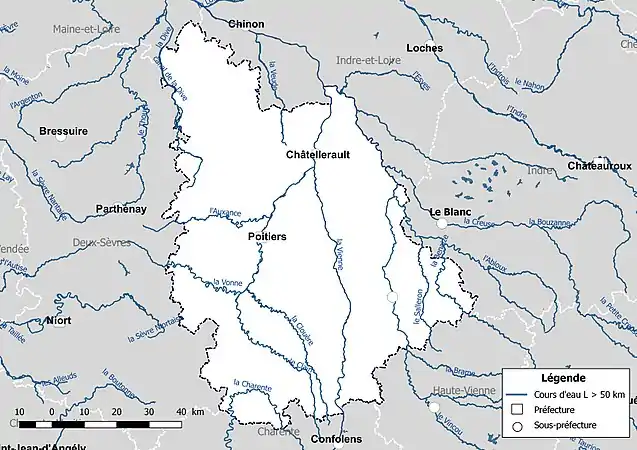 Carte des cours d'eau de longueur supérieure à 50 km de la Vienne.