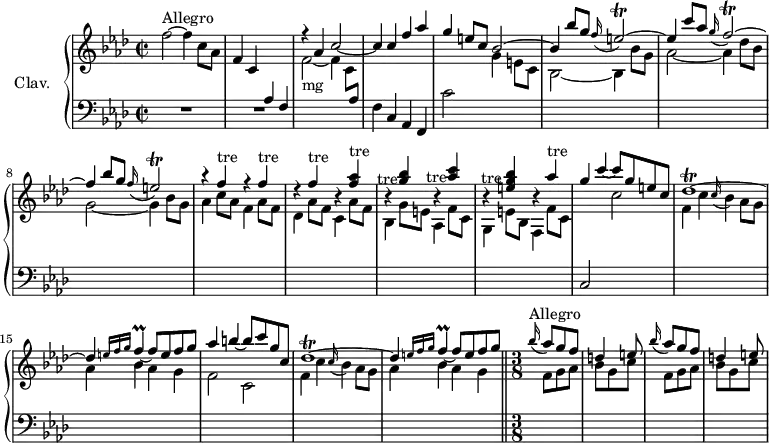 
\version "2.18.2"
\header {
  tagline = ##f
  % composer = "Domenico Scarlatti"
  % opus = "K. 204a"
  % meter = "Allegro"
}
%% les petites notes
trillEb        = { \tag #'print { e2\trill^~ } \tag #'midi { f32 e f e~ e8~ e4~ } }
trillFb        = { \tag #'print { f2\trill^~ } \tag #'midi { g32 f g f~ f8~ f4~ } }
trillF         = { \tag #'print { f4^\markup{tre} } \tag #'midi {  \repeat unfold 4 { g32 f } } }
trillAesAcc    = { \tag #'print { < f aes >4^\markup{tre} } \tag #'midi { << { \repeat unfold 4 { bes32 aes } } \\ { f4 } >> } }
trillGAcc      = { \tag #'print { < g bes >4-\tweak X-offset #-3 -\tweak extra-offset #'(-0.2 . 9.6)-\markup{tre} } \tag #'midi { << { \repeat unfold 4 { aes32 g } } \\ { bes4 } >> } }
trillAAcc      = { \tag #'print { < aes c >4-\tweak X-offset #-3 -\tweak extra-offset #'(-0.2 . 10.3)-\markup{tre} } \tag #'midi { << { \repeat unfold 4 { bes32 aes } } \\ { c4 } >> } }
trillEGAcc     = { \tag #'print { < e, g bes >4-\tweak X-offset #-3 -\tweak extra-offset #'(-0.5 . 10.9)-\markup{tre} } \tag #'midi { << { \repeat unfold 4 { aes32 g } } \\ { < e, bes >4 } >> } }
trillA         = { \tag #'print { aes'4^\markup{tre} } \tag #'midi {  \repeat unfold 4 { bes32 aes } } }
trillFL        = { \tag #'print { f4\prall~ } \tag #'midi { g32 f g f~ f8~ } }
trillDesr      = { \tag #'print { des1\trill^~ } \tag #'midi { \repeat unfold 2 { ees32 des~ } des8~ des2.~ } }
upper = \relative c'' {
  \clef treble 
  \key f \minor
  \time 2/2
  \tempo 2 = 70
  \set Staff.midiInstrument = #"harpsichord"
  \override TupletBracket.bracket-visibility = ##f
      s8*0^\markup{Allegro}
      f2~ f4 c8 aes | f4 c \stemUp \change Staff = "lower"  aes f \stemUp \change Staff = "upper" | r4 aes'4 c2~ | c4 c f aes |
      % ms. 5
      g4 e8 c bes2^~ | bes4 bes'8 g \appoggiatura f16 \trillEb | e4 c'8 aes \appoggiatura g16 \trillFb | f4 bes8 g \appoggiatura f16 \trillEb |
      % ms. 9
      \repeat unfold 3 { r4 \trillF } r4 \trillAesAcc | r4 \trillGAcc r4 \trillAAcc | r4 \trillEGAcc r4 \trillA |
      % ms. 13
      g4 c~ c8 g e c | \trillDesr | des4 \grace {   \tempo 2 = 25 e16 f g }   \tempo 2 = 70 \trillFL f8 e f g | aes4 b4~ b8 c g c, |
      % ms. 17
      \trillDesr | des4 \grace {   \tempo 2 = 25 e16 f g }   \tempo 2 = 70 \trillFL f8 e f \tempo 2 = 20 g  \bar "||"   \time 3/8 s4*0^\markup{Allegro} \tempo 4. = 72
      % ms. 19 - 3/8
      \repeat unfold 2 { \appoggiatura bes16 aes8 g f | d4 e8 }
}
lower = \relative c' {
  \clef bass
  \key f \minor
  \time 2/2
  \set Staff.midiInstrument = #"harpsichord"
  \override TupletBracket.bracket-visibility = ##f
    % ************************************** \appoggiatura a16  \repeat unfold 2 {  } \times 2/3 { }   \omit TupletNumber 
      R1*2 | \stemDown \change Staff = "upper"  f2_~-\markup{mg} f4 c8 \stemUp \change Staff = "lower"  aes | \stemNeutral f4 c aes f |
      % ms. 5
      c''2 \stemDown \change Staff = "upper" g'4 e8 c | bes2_~ bes4  bes'8 g | aes2_~ aes4 des8 bes | g2_~ g4 bes8 g |
      % ms. 9
      aes4 c8 aes f4 aes8 f | des4 aes'8 f c4 aes'8 f | bes,4 g'8 e aes,4 f'8 c | g4 e'8 bes f4 f'8 c |
      % ms. 13
      \stemUp \change Staff = "lower" c,2 \stemDown \change Staff = "upper" c''2 | f,4 c' \appoggiatura c16 bes4 aes8 g | aes4  bes aes g | f2 c |
      % ms. 17
      f4 c' \appoggiatura c16 bes4 aes8 g | aes4  bes aes g | \time 3/8 \grace s16
      % ms. 19 - 3/8
      \repeat unfold 2 { f8 g aes | bes g c }
}
thePianoStaff = \new PianoStaff <<
    \set PianoStaff.instrumentName = #"Clav."
    \new Staff = "upper" \upper
    \new Staff = "lower" \lower
  >>
\score {
  \keepWithTag #'print \thePianoStaff
  \layout {
      #(layout-set-staff-size 17)
    \context {
      \Score
     \override SpacingSpanner.common-shortest-duration = #(ly:make-moment 1/2)
      \remove "Metronome_mark_engraver"
    }
  }
}
\score {
  \keepWithTag #'midi \thePianoStaff
  \midi { }
}
