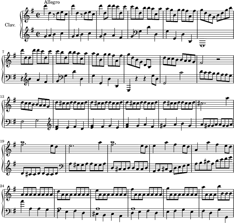 
\version "2.18.2"
\header {
  tagline = ##f
}
%% les petites notes
trillFis = { \tag #'print { fis2.\prall } \tag #'midi { g16 fis g fis~ fis4~ fis4 } }
upper = \relative c'' {
  \clef treble 
  \key g \major
  \time 2/2
  \tempo 2 = 112
  \set Staff.midiInstrument = #"harpsichord"
   s8*0^\markup{Allegro}
   \repeat unfold 2 { d'4 d, r8 d8 e c } | d'4 d,8 d' d c d, c' | c b d, b' b a c, a' | 
   % ms. 5
   a8 g b, g' g fis a, fis' | g d b g b d g b | d d, d d' d c d, c' | c b d, b' b a c, a' | a8 g b, g' g fis a, fis' |
   % ms. 10 
   g8 d b g d b s4 | d'8 c c b b a a g | fis2 r2 | d'8 c c b b a a g | \repeat unfold 4 { d' cis cis d  d cis cis d } | 
   % ms. 18
   cis2. a'4 | \trillFis e8 d | e2. a4 | \trillFis e8 d | e4 a fis e8 d | a4 a' fis e8 d | a \repeat unfold 7 { a } | 
   % ms. 25
   d \repeat unfold 7 { a } | e' \repeat unfold 7 { a, } | fis' \repeat unfold 7 { a, } | g' \repeat unfold 7 { a, } | a' a, a a b' b, b b | 
}
lower = \relative c'' {
  \clef bass
  \key g \major
  \time 2/2
  \set Staff.midiInstrument = #"harpsichord"
    % **************************************
      \clef treble  g4 a b c | g a b c | g b a fis | g  \clef bass g, d' d, | g g, d' d, | g,1 | r4 \clef treble b'''4 a fis | g  \clef bass g,4 d' d, | g g, d' d, |
      % ms. 10
      g,4 r4 r4 g''8 d | g,2 c' | d8 c c b b a a g | fis2 g | \clef treble < d' fis >4 e fis d | 
      % ms. 15
      < e g >4 fis g e | < fis a >4 g a fis | gis a b gis | a8 gis gis a  a gis gis a | d, cis cis d  d cis cis d | 
      % ms. 20 
      \clef bass a8 gis gis a  a gis gis a | d, cis cis d  d cis cis d | a8 b cis a d e fis g | a b cis a d e fis g | a4 a, a g | 
      % ms. 25
      << { a1 a1 a1 } \\ { fis4 e fis d | cis b cis a | d e fis d | e fis g e | fis d g g, } >>
}
thePianoStaff = \new PianoStaff <<
    \set PianoStaff.instrumentName = #"Clav."
    \new Staff = "upper" \upper
    \new Staff = "lower" \lower
  >>
\score {
  \keepWithTag #'print \thePianoStaff
  \layout {
      #(layout-set-staff-size 17)
    \context {
      \Score
     \override SpacingSpanner.common-shortest-duration = #(ly:make-moment 1/2)
      \remove "Metronome_mark_engraver"
    }
  }
}
\score {
  \keepWithTag #'midi \thePianoStaff
  \midi { }
}
