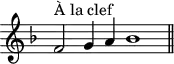 
\version "2.14.2"
\header {
  tagline = ##f
}
\score {
  \new Staff \with {
  \remove "Time_signature_engraver"
  }
  \relative c' {
    \key f \major
    \time 9/1
    \tempo 2 = 80
    \clef treble
    \set Score.currentBarNumber = #30
    \override Rest #'style = #'classical
  f2^\markup{À la clef} g4 a bes1
  \bar "||"
  }
  \layout {
    \context {
      \Score
      \remove "Metronome_mark_engraver"
    }
  }
  \midi {}
}
