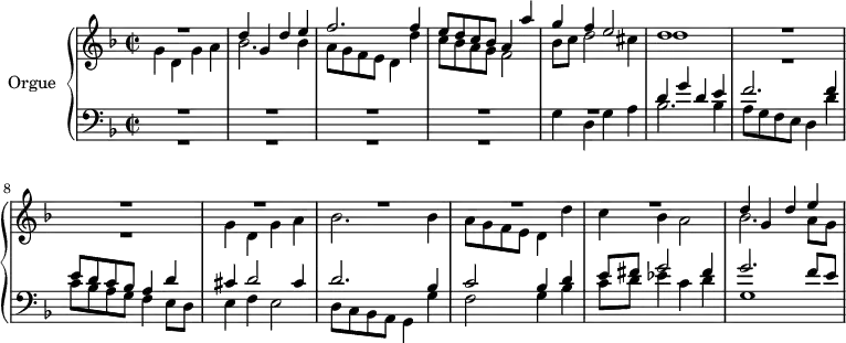 
\version "2.18.2"
\header {
  tagline = ##f
}
upper = \relative c' {
  \clef treble 
  \key f \major
  \time 2/2
  \tempo 2 = 80
  \set Staff.midiInstrument = #"recorder"
   %%% La Spiritata (Canzon)
   << { R1 d'4 g, d' e f2. f4 | e8 d c bes a4 a' | g f e2 | d1 R1*6 | d4 g, d' e } \\ { g,4 d g a bes2. bes4 | a8 g f e d4 d' | c8 bes a g f2 | bes8 c d2 cis4 d1 R1*2 g,4 d g a bes2. bes4 | a8 g f e d4 d' c4 bes a2| bes2. a8 g } >>
}
lower = \relative c {
  \clef bass
  \key f \major
  \time 2/2
    \set Staff.midiInstrument = #"recorder"
  << { R1*5 d'4 g d e f2. f4 | e8 d c bes a4 d cis d2 cis4 | d2. bes4 | c2 bes4 d | e8 fis g2 fis4 g2. f8 e } \\ { R1*4 g,4 d g a bes2. bes4 | a8 g f e d4 d' | c8 bes a g f4 e8 d | e4 f e2 | d8 c bes a g4 g' | f2 g4 bes | c8 d ees4 c d | g,1 } >>
} 
\score {
  \new PianoStaff <<
    \set PianoStaff.instrumentName = #"Orgue"
    \new Staff = "upper" \upper
    \new Staff = "lower" \lower
  >>
  \layout {
    #(layout-set-staff-size 17)
    \context {
      \Score
      \remove "Metronome_mark_engraver"
      \override SpacingSpanner.common-shortest-duration = #(ly:make-moment 1/2)
    }
  }
  \midi { }
}
