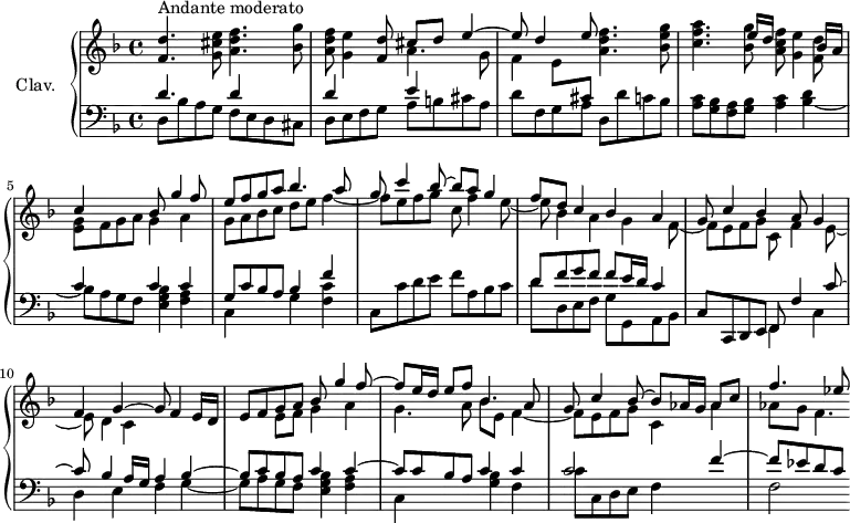 
\version "2.18.2"
\header {
  tagline = ##f
  % composer = "Domenico Scarlatti"
  % opus = "K. 52"
  % meter = "Andante moderato"
}
%% les petites notes
trillBesp     = { \tag #'print { bes4.\prall } \tag #'midi { c32 bes c bes~ bes4 } }
upper = \relative c'' {
  \clef treble 
  \key d \minor
  \time 4/4
  \tempo 4 = 62
  \set Staff.midiInstrument = #"harpsichord"
  \override TupletBracket.bracket-visibility = ##f
      s8*0^\markup{Andante moderato}
      < f, d' >4. < g cis e >8 < a d f >4. < bes g' >8 | < a d f >8 < g e' >4 < f d' >8 << { cis'8 d e4~ | e8 d4 e8 } \\ { a,4. g8 | f4 e8 \stemUp \change Staff = "lower" cis } >> < a' d f >4. < bes e g >8 |
      % ms. 4
      << { s4. e16 d s8 s4 bes16 a | c4 s4 bes8  g'4 f8 |
          % ms. 6 dessus
      e8 f g a bes4. a8 | g8 c4 bes8~ bes8 a g4 | f8 d c4 bes a | g8 c4 bes a8 g4 |
          % ms. 10 dessus
      f4 g~ g8 } 
       % ms. 4 dessous
      \\ { < c f a >4. < bes g' >8 < a c f >8 < g e' >4 < f d' >8 | < e g >8 f g a g4 a | g8 a bes c  d e f4~ |
          % ms. 7 dessous
      f8 e f g c, f4 e8~ | e bes4 a g f8~ | f e f g c, f4 e8~ |
          % ms. 10 dessous 
      e8 d4 c } >>
      % ms. 10 suite
      f4 e16 d |
      << { e8 f g a bes g'4 f8~ | f8 e16 d e8 f \mergeDifferentlyDottedOn bes,4. a8 |
          % ms. 13 dessus
      g8 c4 bes8~ bes aes16 g aes8 c | f4. ees8 } 
          % ms. 10 suite voix dessous
      \\ { s4 e,8 f g4 a | g4. a8 bes8 e, f4~ | f8 e f g c,4 aes'4 | aes8 g f4.*1/2 } >>
}
lower = \relative c' {
  \clef bass
  \key d \minor
  \time 4/4
  \set Staff.midiInstrument = #"harpsichord"
  \override TupletBracket.bracket-visibility = ##f
    % ************************************** \appoggiatura \repeat unfold 2 {  } \times 2/3 { }
      << { d4. s8 | \repeat unfold 2 { d4 s4 } e4 } \\ { d,8 bes' a g  f e d cis | d e f g  a b cis a } >> | d8 f, g a d, d' c bes |
      % ms. 4
      < a c >8 < g bes > < f a > < g bes > < a c >4 
      << { s4 | c4 s4 c4 c | g8 c bes a bes4 f' } 
      \\ { < bes, d >4~ | bes8 a g f < e g bes >4 < f a > | c4 s4 g' < f c' > } >>
      % ms. 7
      c8 c' d e  f a, bes c | 
      << { d8 f g f | f e16 d c4 } 
      \\ { d8 d, e f g g, a bes } >> | c8 c, d e 
      << { f8 f'4 c'8~ | c8 bes4 a16 g a4 bes~ | bes8 c bes a c4 c~ | c8 c bes a c4 c |
          % ms. 13 dessus
      c2 s4 f4~  f8 ees d c }
      \\ { f,,4 c' | d e f g~ | g8 a g f < e g bes >4 < f a > | c s4 < g' bes >4 f | c'8 c, d e f4 s4 | f2 } >>
}
thePianoStaff = \new PianoStaff <<
    \set PianoStaff.instrumentName = #"Clav."
    \new Staff = "upper" \upper
    \new Staff = "lower" \lower
  >>
\score {
  \keepWithTag #'print \thePianoStaff
  \layout {
      #(layout-set-staff-size 17)
    \context {
      \Score
     \override SpacingSpanner.common-shortest-duration = #(ly:make-moment 1/2)
      \remove "Metronome_mark_engraver"
    }
  }
}
\score {
  \keepWithTag #'midi \thePianoStaff
  \midi { }
}
