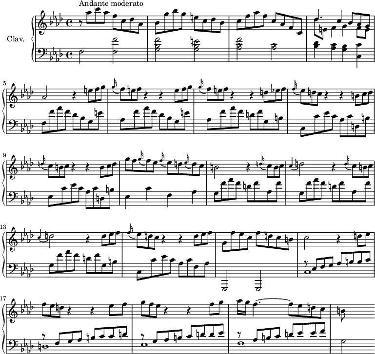 
\version "2.18.2"
\header {
  tagline = ##f
}
%% les petites notes
trillFqq     = { \tag #'print { f8\prall } \tag #'midi { g32 f g f } }
upper = \relative c'' {
  \clef treble 
  \key f \minor
  \time 4/4
  \tempo 4 = 72
  \set Staff.midiInstrument = #"harpsichord"
  \override TupletBracket.bracket-visibility = ##f
  \omit TupletNumber
      s8*0^\markup{Andante moderato} 
      r8 aes'8 c aes f c des aes | bes g' bes g e! c des bes | c f aes f c aes f c | << { \mergeDifferentlyDottedOn des'4. c4 bes8 aes g } \\ { des'8 e, f4 g f8 e } >>
      % ms. 5
      aes2 r4 \repeat unfold 2 { \times 2/3 { e'8[ f g] } \times 2/3 { \appoggiatura g16 f8[ e f] } r4 r4 } \times 2/3 { d8 ees f } |
      % ms. 8
      \times 2/3 { \appoggiatura f16 ees8[ d c] } r4 r4 \times 2/3 { b8[ c d] } | \times 2/3 { \appoggiatura d16 c8[ b c] } r4 r4 \times 2/3 { b8[ c d] } | g8 f \appoggiatura g16 f8 ees \appoggiatura f16 ees8 d \appoggiatura ees16 d8  c |
      % ms. 11
      b2 r4 \repeat unfold 2 { \times 2/3 { \appoggiatura d16 c8[ b c] } \appoggiatura c4 d2 r4 } \times 2/3 { d8 ees f } |
      % ms. 14
      \times 2/3 { \appoggiatura f16 ees8[ d c] } r4 r4 \times 2/3 { d8 ees f } | g,8 f' ees c f d  c b | c2 r4 d8 ees | \times 2/3 { f8 ees d } r4 r4 ees8 f |
      % ms. 18
      \times 2/3 { g8 f ees }  r4 r4 f8 g | aes16 g f4.~ f8 ees d c | b8 s8 s4 
}
lower = \relative c {
  \clef bass
  \key f \minor
  \time 4/4
  \set Staff.midiInstrument = #"harpsichord"
    % **************************************
       % ms. 21       
       f2 < f f' >2 | < g bes f' > < g bes e > < aes c f > < aes c > | < bes des >4 < aes c > < g bes> < c, c' > |
       % ms. 5
       f8 f' aes f  des bes g e' | aes, f' aes f  des bes g e' | aes, f' aes f  d f g, b | 
       % ms. 8
       c,8 c' ees c  aes c d, b' | ees, c' ees c  aes c d, b' | ees,4 c' f, aes | 
       % ms. 11
       g8 f' aes f  d f aes, f' | g, f' aes f  d f aes, f' | g, f' aes f  d f g, b | 
       % ms. 14
       c,8 c' ees c  aes c f, aes | g,,2 g | << { r8 ees''8 f g  aes b b c  } \\ { c,1 } >>
       % ms. 18
       << { r8 f8 g aes b c c d | r8 g,8 aes b c d d ees | r8 aes, b c d  ees ees f } \\ { d,1 | ees | f | g2 } >>
}
thePianoStaff = \new PianoStaff <<
    \set PianoStaff.instrumentName = #"Clav."
    \new Staff = "upper" \upper
    \new Staff = "lower" \lower
  >>
\score {
  \keepWithTag #'print \thePianoStaff
  \layout {
      #(layout-set-staff-size 17)
    \context {
      \Score
     \override SpacingSpanner.common-shortest-duration = #(ly:make-moment 1/2)
      \remove "Metronome_mark_engraver"
    }
  }
}
\score {
  \keepWithTag #'midi \thePianoStaff
  \midi { }
}
